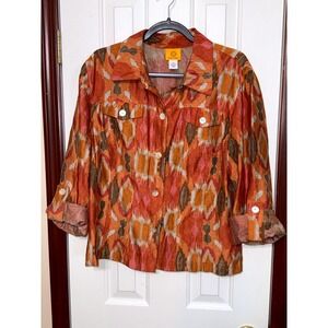 Ruby Rd Women's Button‎ Down Shirt Top Blouse Orange Brown Abstract Size 18